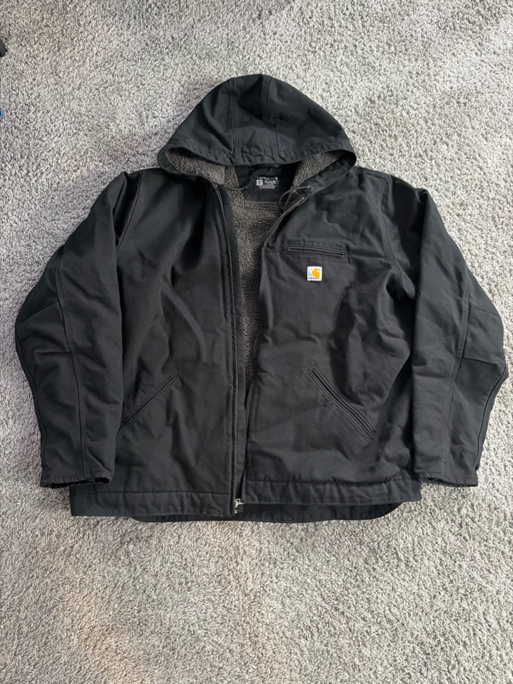 Carhartt Black Sherpa-Lined Hooded Jacket with Yellow Tag